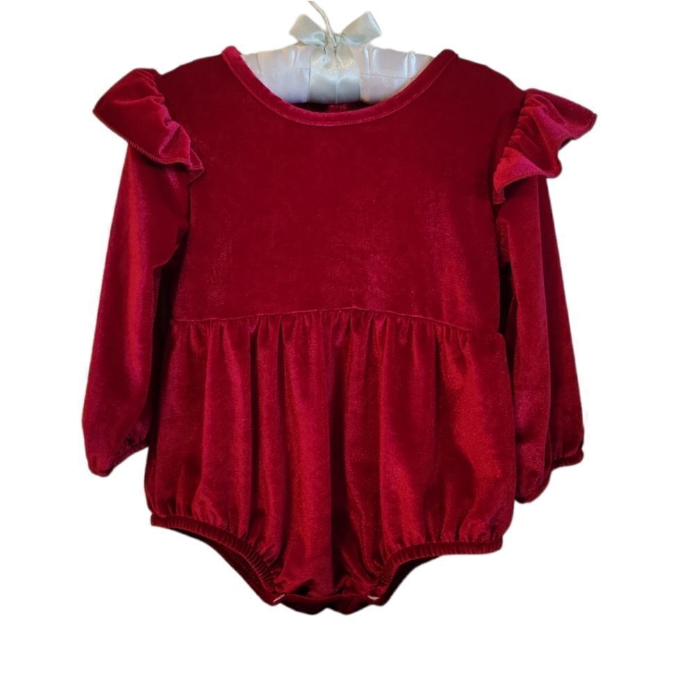 NWOT Red Cranberry Candy Apple Velvet Long Sleeve Bubble Romper Girls 18-24M
